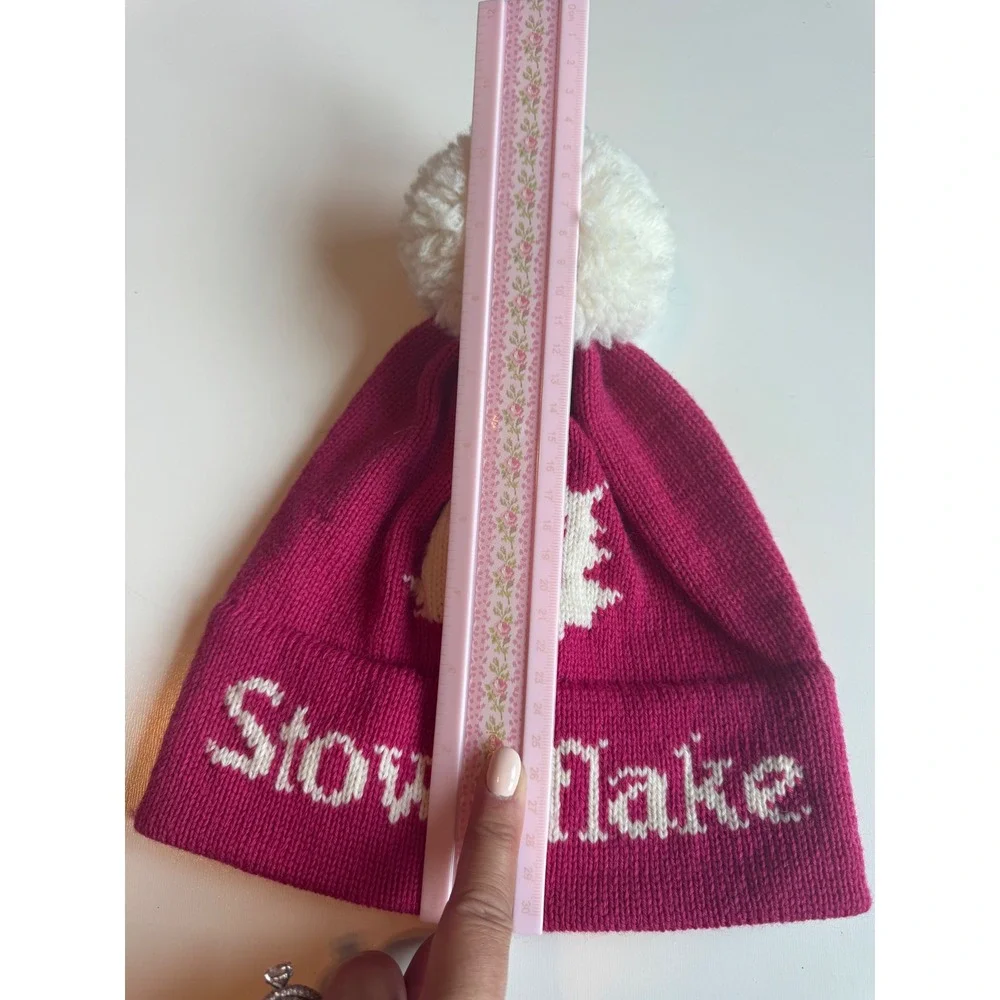 Vintage Stowe Woolens Pink 100% Wool Beanie Hat Pom Pom Stoweflake Vermont USA